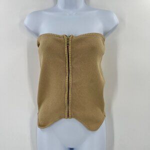 Urban Outfitters M Ribbed Knit Full Zip‎ Tube Top Strapless Tan Y2K 90s Cami